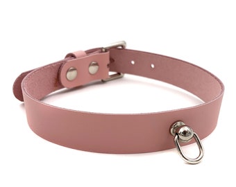 Baby Pink D Ring Collar, bdsm day collar, Pink leather choker, cute choker, submissive collar