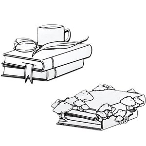 May include: Two stacks of books with different decorative elements. The top stack has a cup and a flower on top. The bottom stack has mushrooms growing on top.