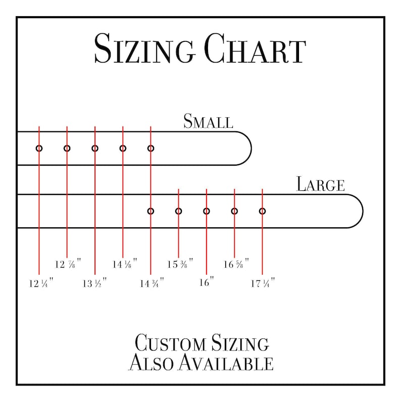 May include: Sizing chart for a bracelet with measurements in inches. The chart shows small and large sizes with corresponding measurements. The text "Custom Sizing Also Available" is at the bottom of the chart.