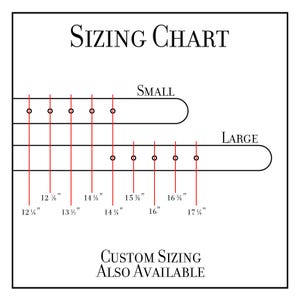 May include: Sizing chart for a bracelet with measurements in inches. The chart shows small and large sizes with corresponding measurements. The text "Custom Sizing Also Available" is at the bottom of the chart.