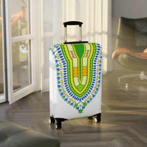 Luggage Cover in Dashiki Green, Yellow, Blue and White