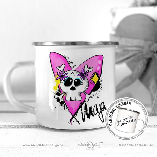 Emailletasse  - Emaillebecher - Campingbecher ROCKSTAR Sugarskull mit HERZ und NAME - Wunschname Kinderbecher