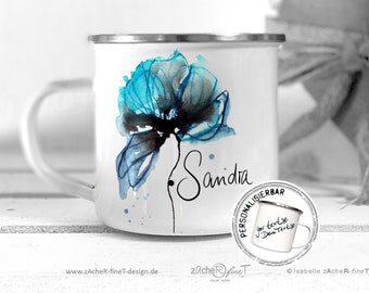 Enamel Mug, Enamel Cup, Camping Mug, Coffee Mug, Enamel Cup, Metal Mug - BLUE FLORAL WATERCOLOR - Personalizable Gift Idea