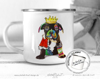 Emailletasse  - personalisierbar (opt) HUND - Prinz & Krone -  Emaillebecher - Campingbecher - Emaille  Tasse  für Kinder Freundin Mann Frau