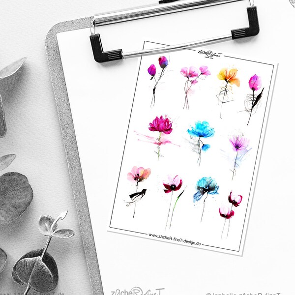 Stickerbogen - AQUARELLBLUMEN - Aufkleber Blumen - Planner Sticker - Stickers - Planer - Stickersheet - BuJo Sticker Set , Scrapbook & Co