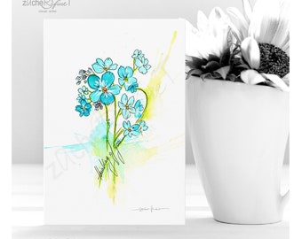 Postkarte  BLUMENAQUARELL - Blumenpostkarte - Mini Kunstdruck - Blumenbild - VERGISSMEINNICHT - wähle aus 25 BLUMEN