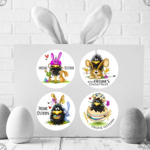 24 Aufkleber / Etiketten / Sticker - FROHE OSTERN - ein frohes Osterfest  Osteraufkleber - Ostersticker mit Osterhase & Rabe - rund 40mm