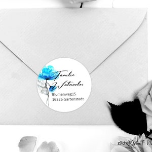 Address labels family - flower motif blue in watercolor - round stickers floral - motif selection and various sizes 35 / 40 / 50 / 60