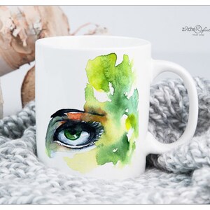 Kaffeetasse - coffeemug - Aquarell AUGE - Blick in grün -  Kaffeebecher - optional PERSONALISIERT mit Name und oder Wunschtext