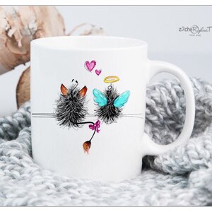Lustige Kaffeetasse - coffeemug - ENGEL & TEUFEL -  Kaffeebecher bunte Vögel  - optional PERSONALISIERT mit Name und oder Wunschtext