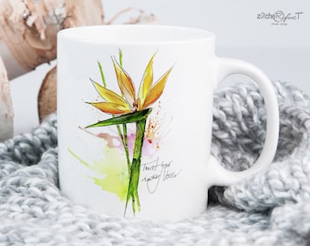 Kaffeetasse - Kaffeebecher mit BLUMENAQUARELL Strelizie - bedruckte Tasse  - optional als personalisierte Tasse - personalisiertes Geschenk