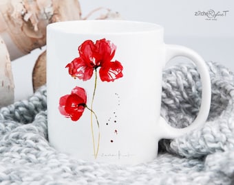 Kaffeetasse mit Blumenaquarell Roter Mohn - Tasse mit Kunstdruck Mohnblume - personalisierbar - Keramiktasse Natur Bürotasse Geschenkidee