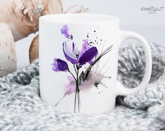 Kaffeetasse - Kaffeebecher mit BLUMENAQUARELL - bedruckte Tasse -  floral - optional als personalisierte Tasse - personalisiertes Geschenk