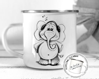 Emaille Tasse - personalisiert (opt)  - ELEFANT mit Musik -  EMAILLEtasse -  Emaillebecher - Kinderbecher -  Tier Motiv -  Tasse für  Kind