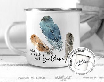 Enamel mug, camping mug, coffee mug - FEATHERS with text - personalized gift for Mother's Day or birthday
