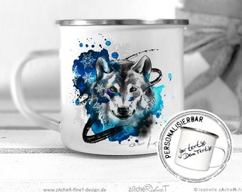 Enamel Mug Camping Mug Coffee Mug Art Print Printed Mug Animal Motif - WOLF - for Friend Girlfriend Man Child - Personalizable