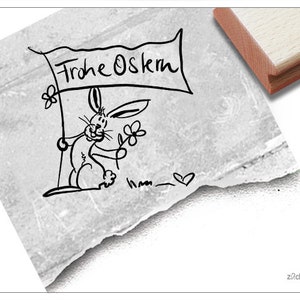 Timbro Timbro pasquale BUONA PASQUA scritta a mano, coniglietto pasquale con bandiera - timbro testo Pasqua, cartoline, etichette regalo, decorazioni pasquali, album