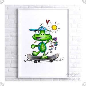 Póster / póster infantil tortuga "Skateboard" para habitación infantil, salón. Varios tamaños - se pueden PERSONALIZAR.
