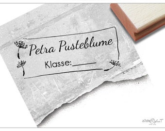 Individueller Schulstempel mit Pusteblume - Namensstempel personalisiert mit Name und Klasse, Holzstempel oder Automatikstempel, Geschenk