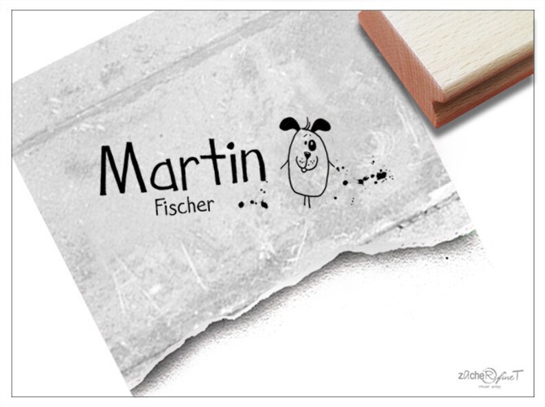 Individueller Namensstempel Hund Stempel personalisiert mit Name, Tier, Holzstempel o. Automatikstempel, Geschenk für Kinder, Einschulung Bild 1