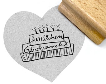 Stempel HERZLICHEN GLÜCKWUNSCH mit Geburtstagstorte und brennenden Kerzen,  - Schriftstempel  Glückwünsche Geburtstag Motivstempel