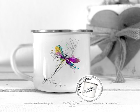 Buy Emailletasse Emaillebecher Campingtasse Tasse Kaffeebecher Metalltasse - LIBELLE Aquarell - Personalisierbar Geschenkidee Geburtstag Online in India