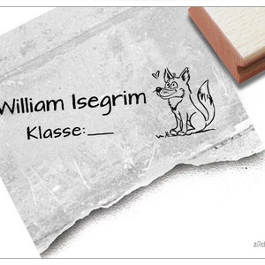 Timbro personalizzato con nome lupo - timbro personalizzato con nome, classe e animale, timbro in legno o timbro automatico, regalo per bambini
