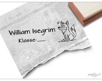 Individual name stamp wolf - stamp personalized with name, class and animal, wooden stamp or automatic stamp, gift for children