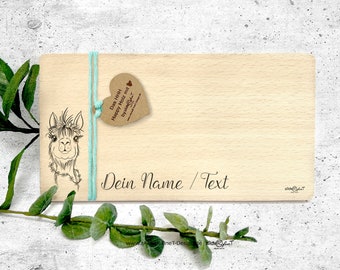 Planche en bois avec motif animal ALPAGA - planche à petit-déjeuner - personnalisable - idée cadeau pour enfants et adultes, planche en bois avec gravure