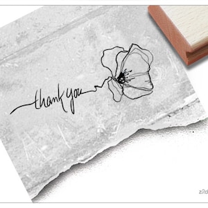 Tampon Merci, avec coquelicot - tampon texte pour vos remerciements, cartes et lettres, étiquettes, notes de remerciement, cadeaux d'invités, bricolage et décoration