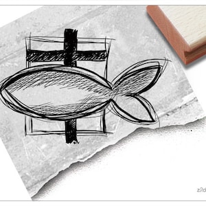Timbro con motivo croce e pesce - timbro con immagine per battesimo o comunione, per congratulazioni, cartoline, inviti, regali, bricolage, decorazioni da tavola