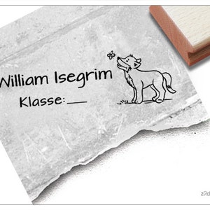 Timbro personalizzato con nome lupo - timbro personalizzato con nome, classe e animale, timbro in legno o timbro automatico, regalo per bambini