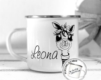 Enamel mug enamel cup camping mug coffee mug metal cup children's mug - ALPACA girl - customizable gift for children