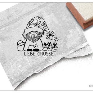 Stempel Wichtel mit Blumen und Liebe Grüsse - Wichtelstempel, Gnom, Gartenzwerg, Grüße und Karten, Basteln, Garten Deko, Geschenk, Scrapbook