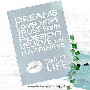 Wiederverwendbare Schablone - Sweet Life mit Kussmund - Textschablone für Textilgestaltung, Malerei und Airbrush, Wand Deko  - DIN A6 bis A3