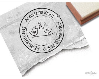 Adressstempel personalisiert rund VOGEL-Gezwitscher - Poststempel, Adress Stempel, Familienstempel, Holzstempel individualisiert, Geschenk