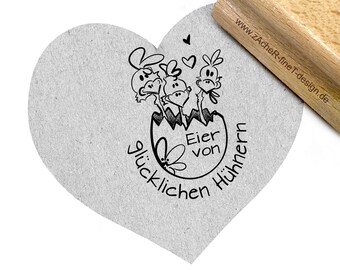 Stempel Fröhliche Hühner mit Herz, Eier von glücklichen Hühnern, Textstempel, Motivstempel für Eierkartons, Eierverpackung, Eierschachtel