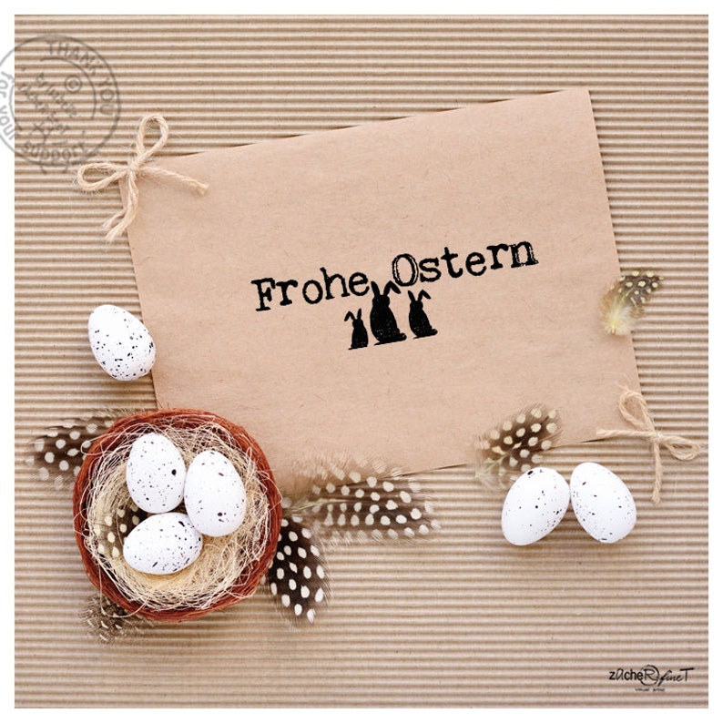 Stempel Osterstempel FROHE OSTERN mit Osterhasen Textstempel zum Osterfest, für Ostergrüße, Karten, Geschenkanhänger, Geschenk, Osterdeko Bild 2