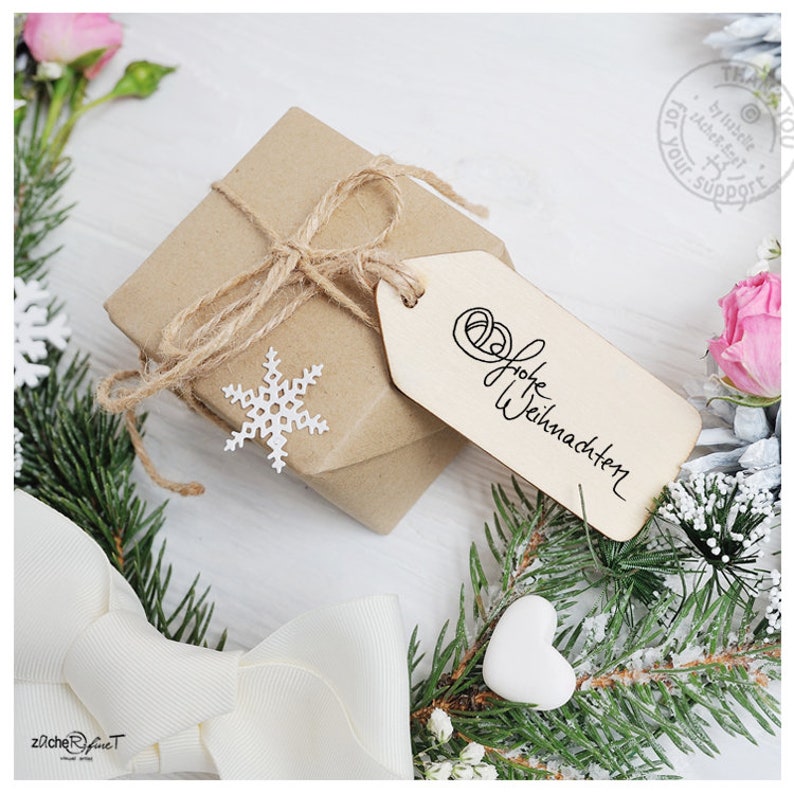 Stempel Weihnachtsstempel FROHE WEIHNACHTEN handschriftlich mit Brezel Textstempel Karten, Geschenkanhänger, Geschenk, Weihnachtsdeko Bild 2