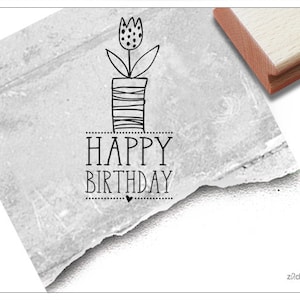 Stempel Happy Birthday mit Blume - Textstempel für Glückwünsche zum Geburtstag, Karten und Geschenkanhänger, Scrapbook, Basteln und Deko