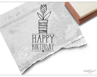 Stempel Happy Birthday mit Blume - Textstempel für Glückwünsche zum Geburtstag, Karten und Geschenkanhänger, Scrapbook, Basteln und Deko