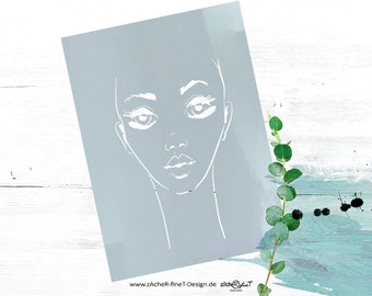 Vielseitige Schablone - Face drawing - für Textilgestaltung, Malerei, Kunst, Möbel und Wände, Scrapbooking - Gesicht Frau - DIN A6 bis A3