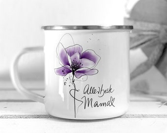Emaille Tasse Emaillebecher Campingbecher Campingbecher Tasse - ALLERBESTE MAMA mit Blumenmotiv - Geschenk Muttertag Geburtstag