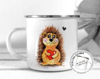 Emaille Tasse Emailletasse Campingbecher Kinderbecher - IGEL mit HERZ - Igeltasse - personalisierbar Geschenk Geburtstag Einschulung
