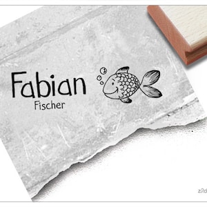 Timbro con nome individuale Pesce - timbro personalizzato con nome, timbro in legno o timbro automatico, regalo per bambini, iscrizione scolastica