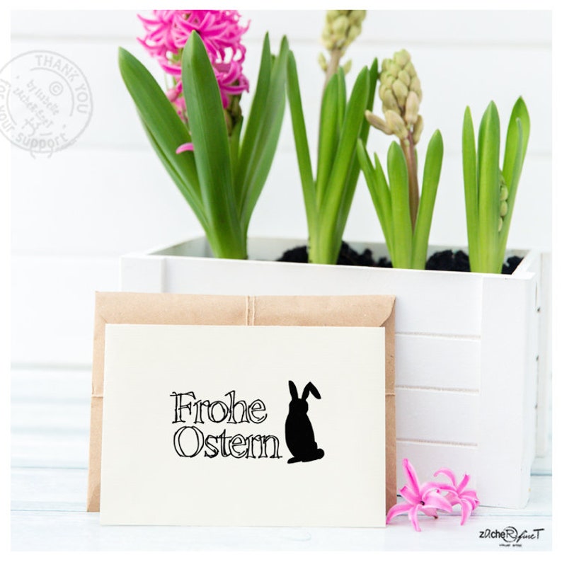 Stempel Osterstempel FROHE OSTERN mit Osterhase Textstempel zum Osterfest, für Ostergrüße, Karten, Geschenkanhänger, Geschenk, Osterdeko Bild 2