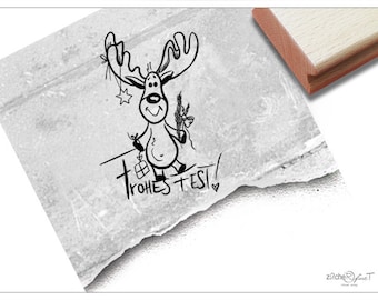 Stempel Weihnachststempel Elch mit Frohes Fest - Textstempel zu Weihnachten, Karten, Geschenkanhänger, Basteln, Geschenk, Weihnachtsdeko