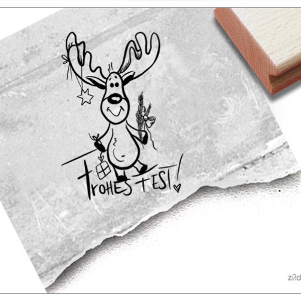 Stempel Weihnachststempel Elch mit Frohes Fest - Textstempel zu Weihnachten, Karten, Geschenkanhänger, Basteln, Geschenk, Weihnachtsdeko