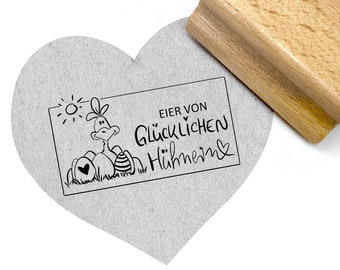 Stempel Lustiges Huhn mit Herz, Eier von glücklichen Hühnern, Textstempel, Motivstempel für Eierkartons, Eierverpackung, Eierschachtel