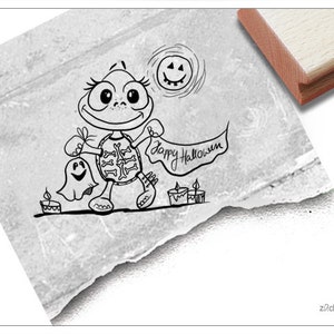 Stempel Happy Halloween mit Schildkröte - Kinderstempel mit Text u. Tier, Geschenk für Kinder, Basteln, Halloweenparty, Tischdeko, Scrapbook
